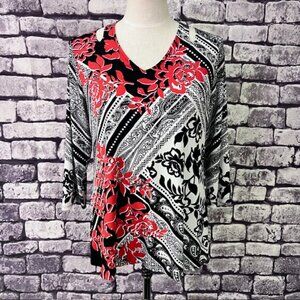 Chico's Black, White & Red Cold Shoulder 3/4 Sleeve Blouse Size M